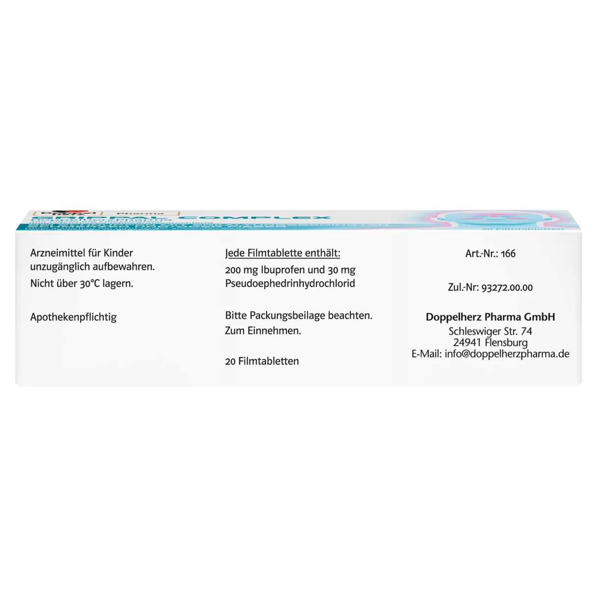 Abbildung der Produktverpackung DoppelherzPharma GRIPPAL COMPLEX DoppelherzPharma 200 mg/ 30 mg Filmtabletten Seitenansicht rechts